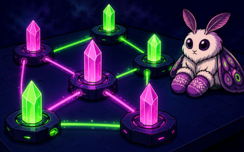 Comic illustration of crystal beacon nodes and a mittened moth mascot, no text