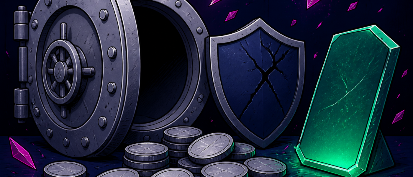 Comic illustration of open vault, cracked shield, blank coins, green tablet