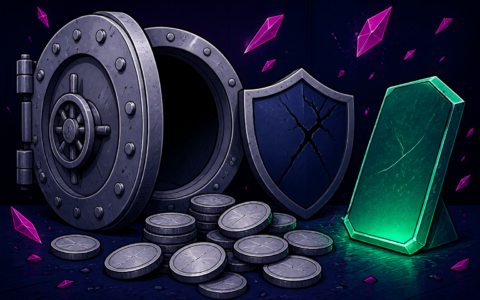 Comic illustration of open vault, cracked shield, blank coins, green tablet