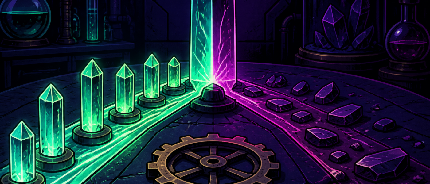 Comic still life of a split glowing crystal on a dark lab table, no people