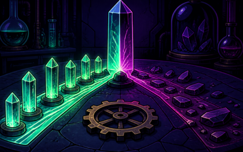 Comic still life of a split glowing crystal on a dark lab table, no people