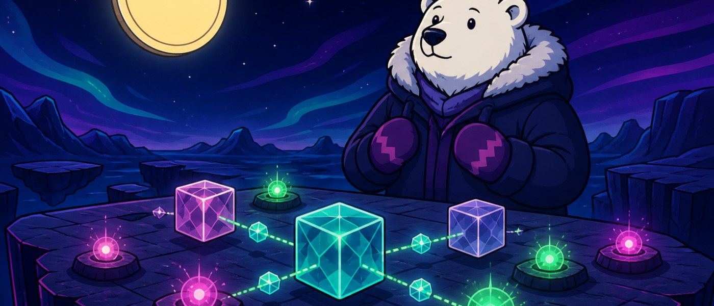 Comic polar bear with mittens beside glowing network crystals on a plateau, blank gold disc in the sky