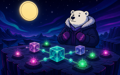 Comic polar bear with mittens beside glowing network crystals on a plateau, blank gold disc in the sky