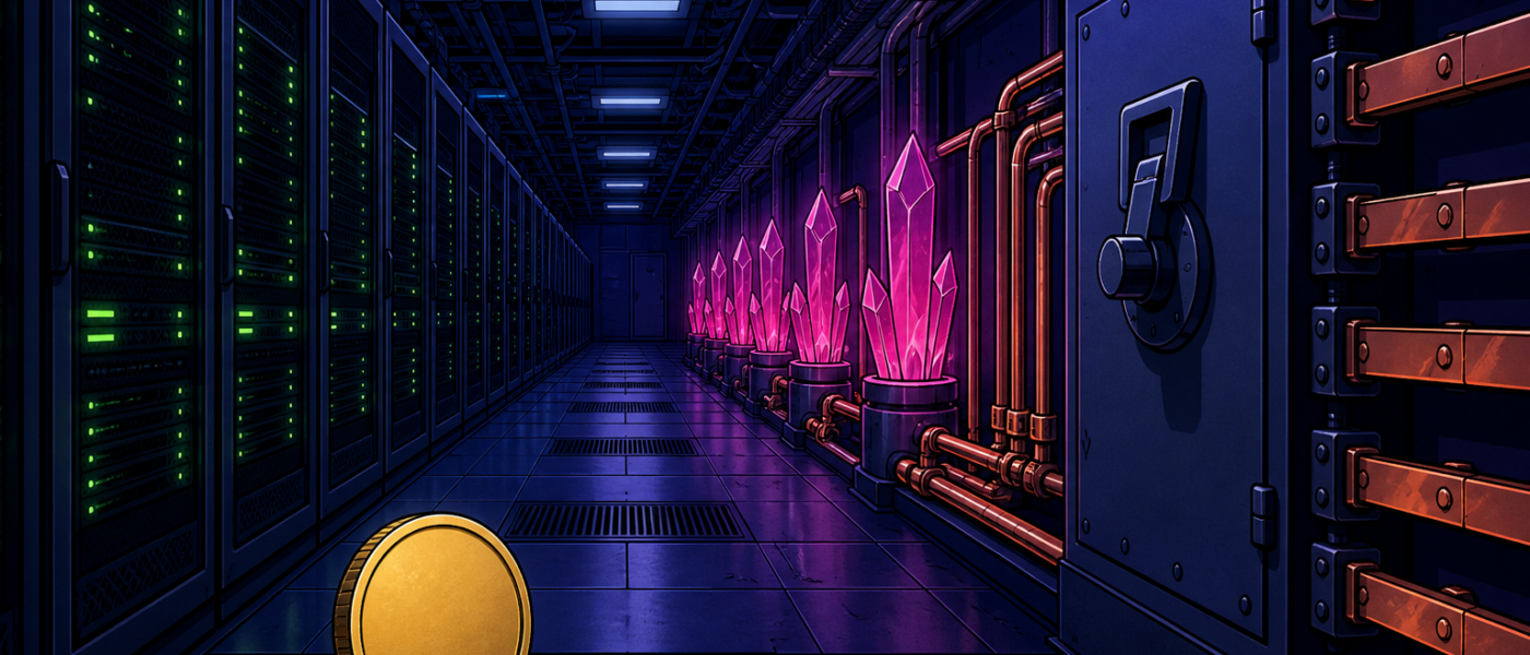 Comic illustration of a blank gold coin in a data-center aisle with neon server racks and magenta crystals