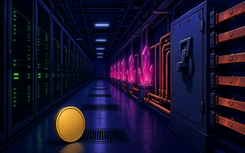 Comic illustration of a blank gold coin in a data-center aisle with neon server racks and magenta crystals
