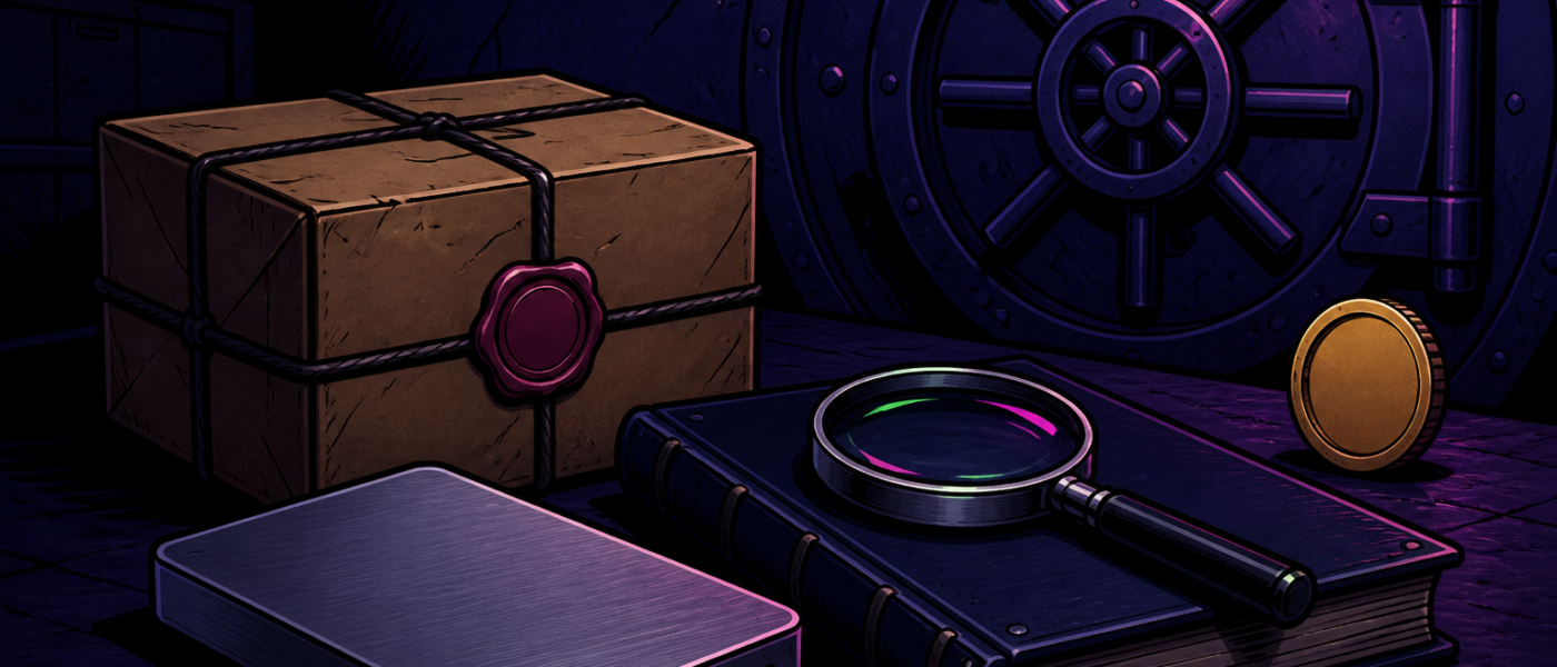 Comic still life of a vault door, blank wallet brick, sealed parcel, and a resting magnifier