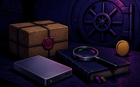 Comic still life of a vault door, blank wallet brick, sealed parcel, and a resting magnifier