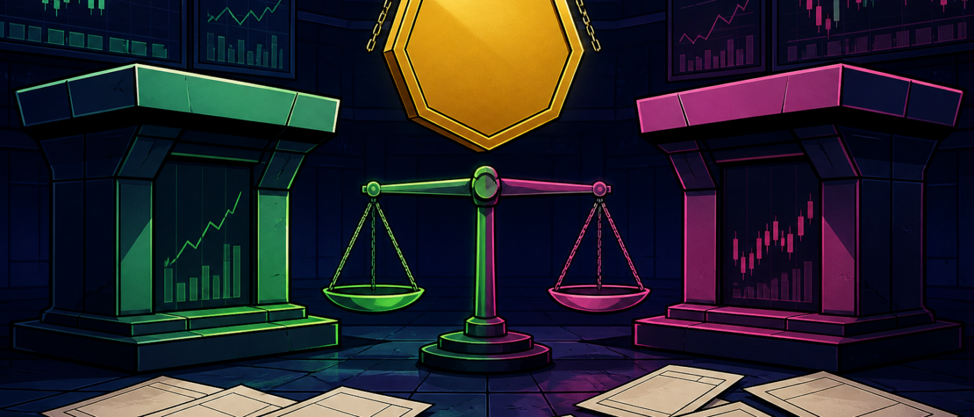 Comic illustration of scales between two venue podiums under a blank bitcoin coin