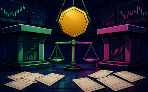 Comic illustration of scales between two venue podiums under a blank bitcoin coin