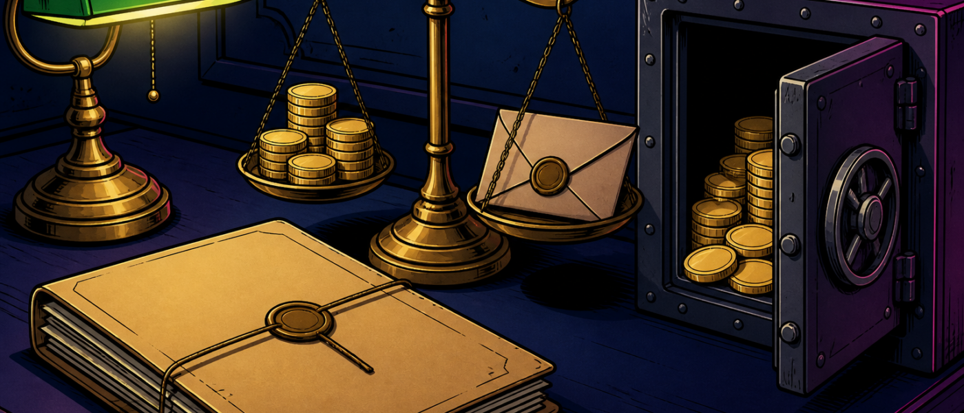 Comic illustration of a sealed folder, scale, and vault with blank coins