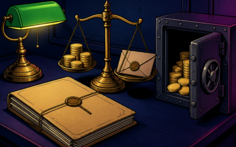 Comic illustration of a sealed folder, scale, and vault with blank coins