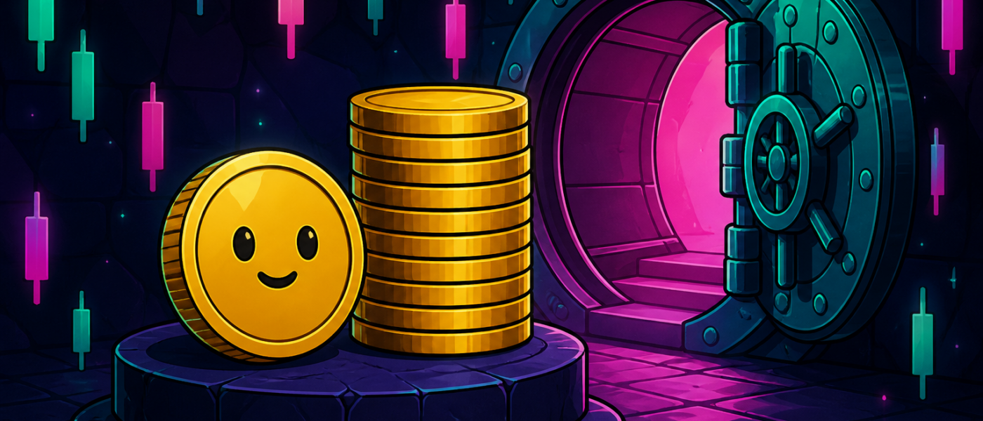 Comic illustration of a smiling gold coin beside a coin stack and an open vault, no text