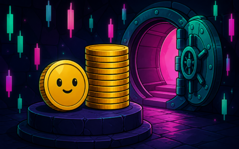 Comic illustration of a smiling gold coin beside a coin stack and an open vault, no text