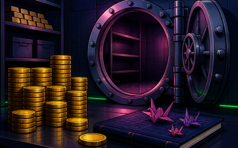 Comic illustration of a dark treasury vault with blank gold coins and origami cranes, no people