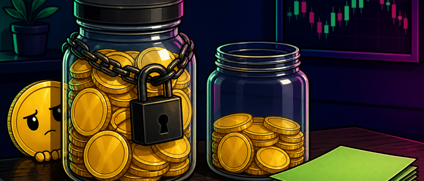 Two jars of coins on a desk, one locked, one open, beside blank green paper. No people.