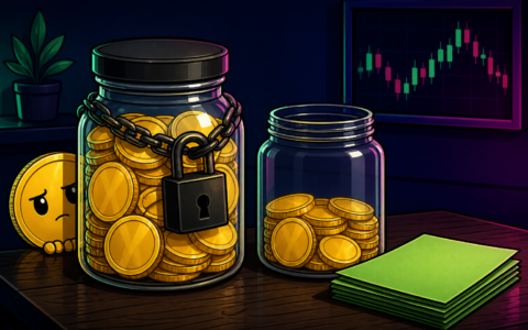 Two jars of coins on a desk, one locked, one open, beside blank green paper. No people.