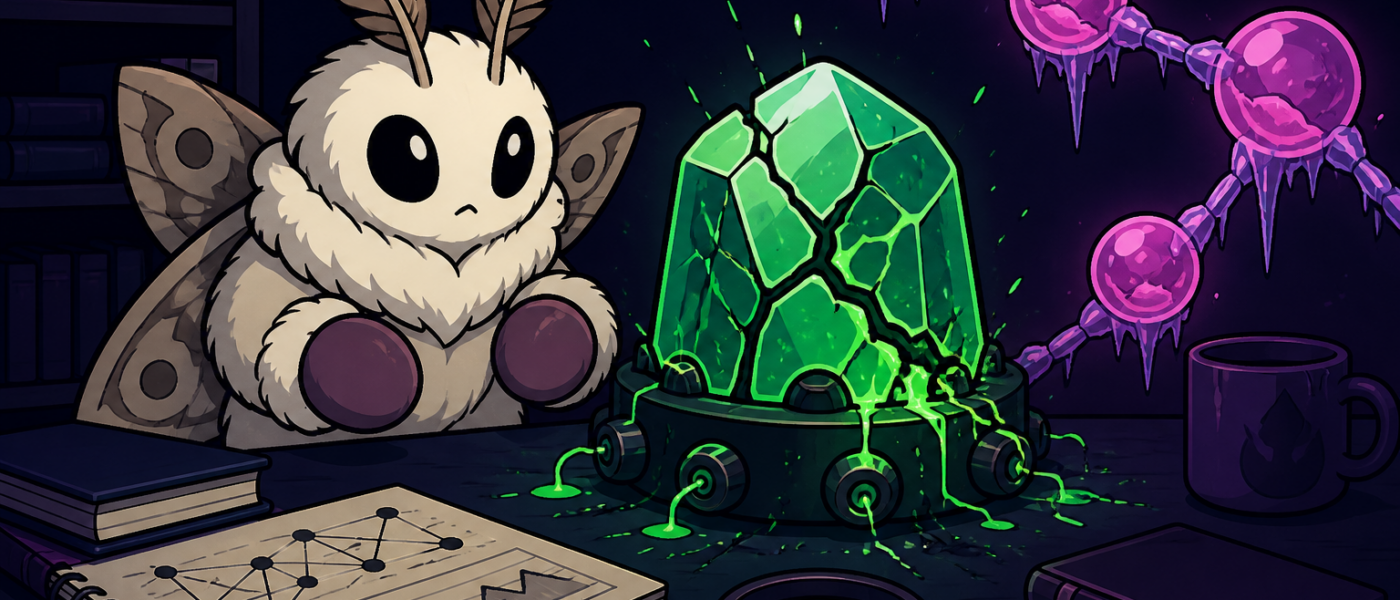 Mittened moth mascot beside a cracked glowing crystal node on a dark desk, no text