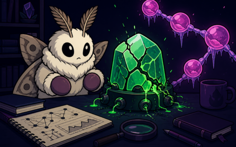 Mittened moth mascot beside a cracked glowing crystal node on a dark desk, no text