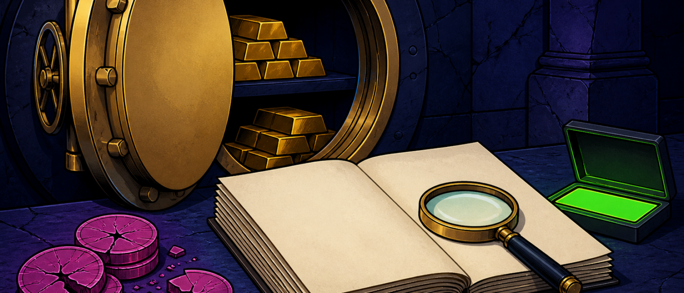 Comic illustration of an open gold vault, blank ledger, and cracked coins on a stone table
