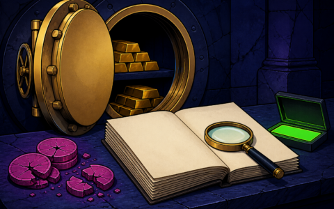 Comic illustration of an open gold vault, blank ledger, and cracked coins on a stone table