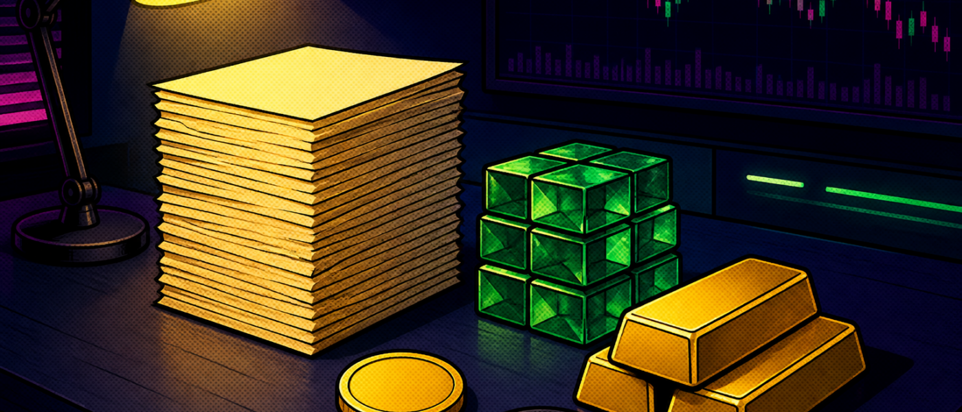 Comic desk still life with treasury papers, emerald reserve cubes, gold bars, and blank coins