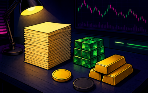 Comic desk still life with treasury papers, emerald reserve cubes, gold bars, and blank coins