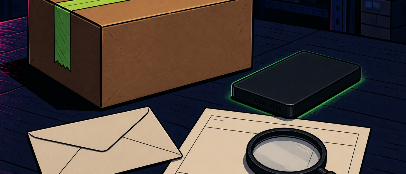 Comic still life of a sealed shipping carton, blank envelope, magnifier on a blank slip, and a glowing hardware-wallet slab. No text or hands.