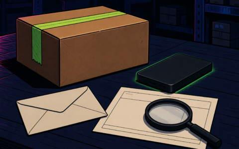 Comic still life of a sealed shipping carton, blank envelope, magnifier on a blank slip, and a glowing hardware-wallet slab. No text or hands.