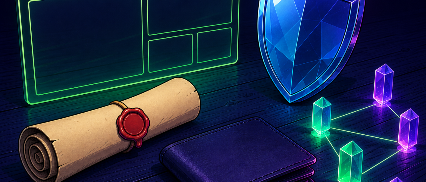 Comic illustration of browser frame, sealed scroll, wallet, crystal shield and nodes