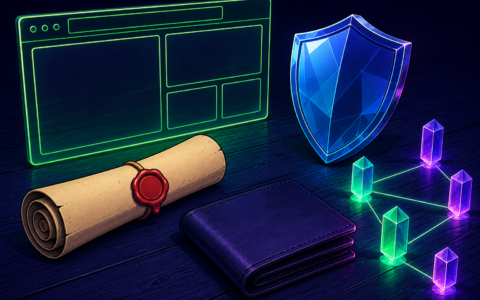 Comic illustration of browser frame, sealed scroll, wallet, crystal shield and nodes