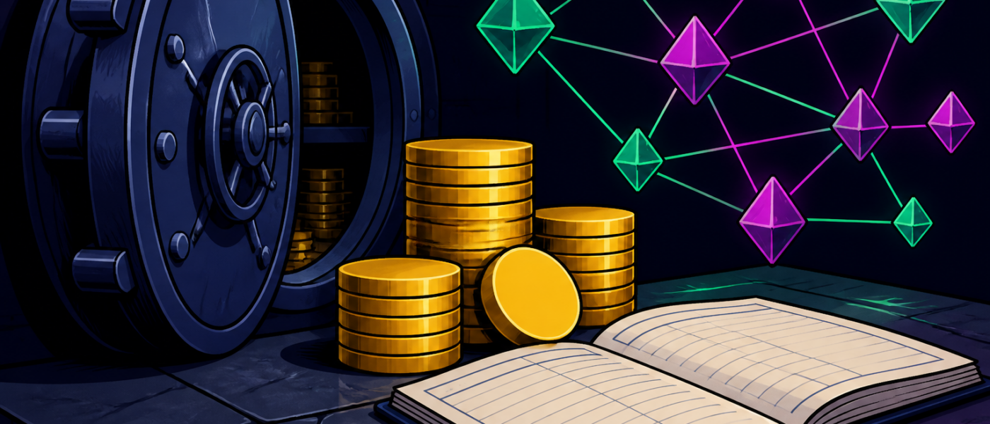 Comic illustration of vault, blank gold tokens, ledger, and network crystals