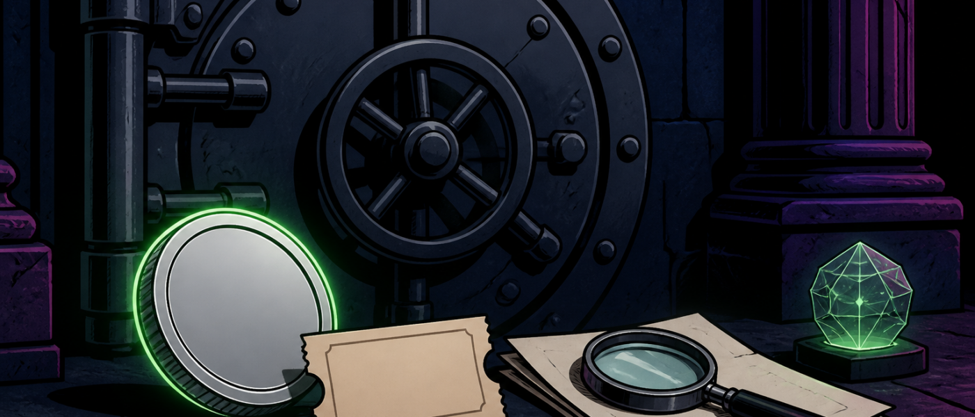Comic still life of a vault door, blank coin, magnifier resting on papers, and a glowing crystal. No text or hands.