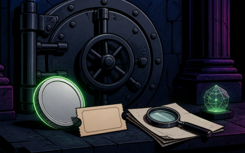 Comic still life of a vault door, blank coin, magnifier resting on papers, and a glowing crystal. No text or hands.