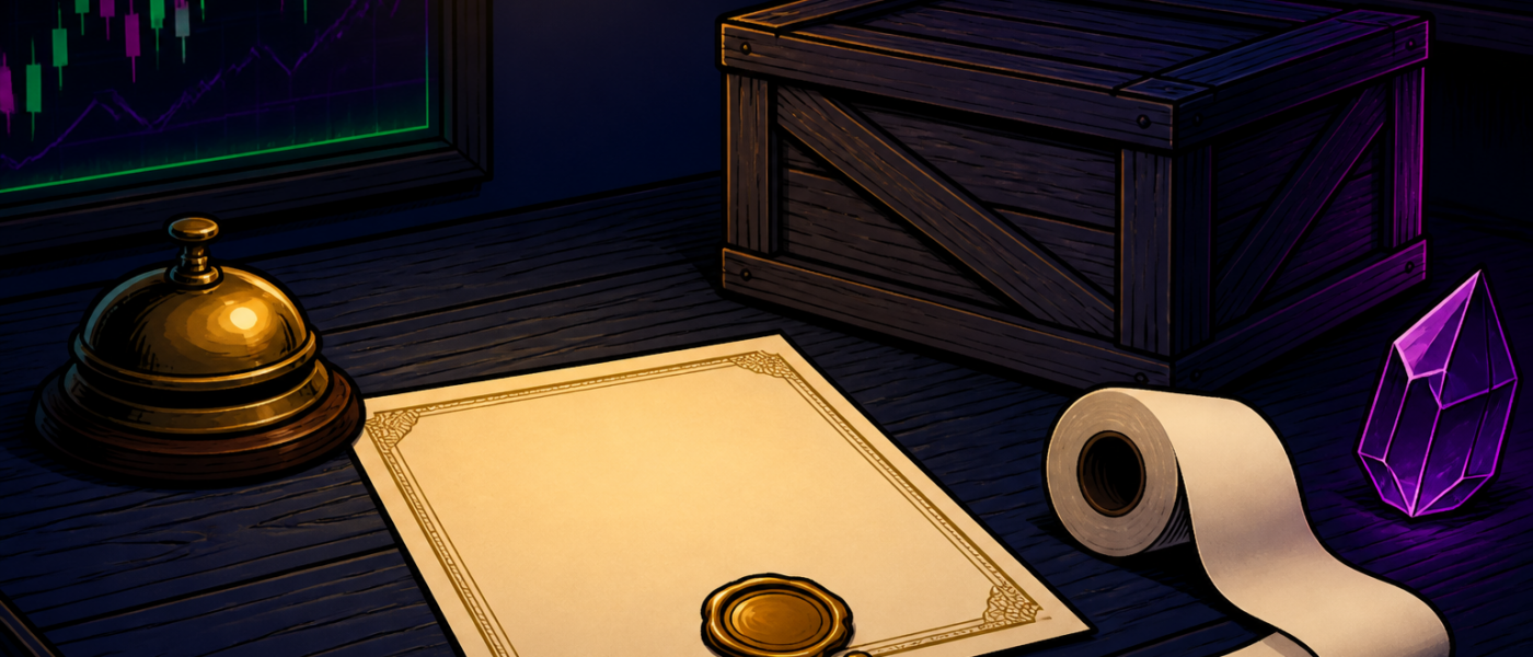 Comic still life of a blank sealed certificate, brass bell, empty crate, and blank ticker roll on a dark desk