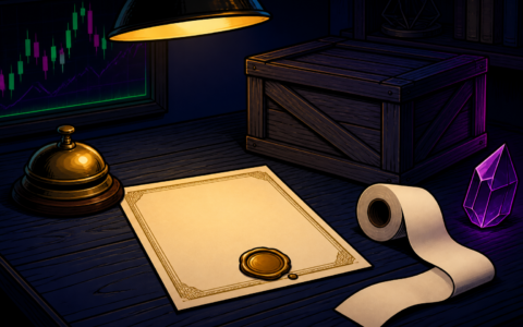 Comic still life of a blank sealed certificate, brass bell, empty crate, and blank ticker roll on a dark desk