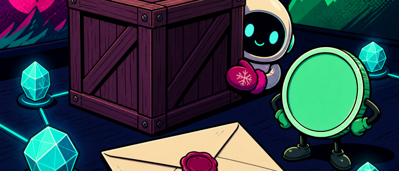 Comic still life of a sealed envelope and crate beside a mittened robot mascot, no text