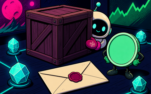 Comic still life of a sealed envelope and crate beside a mittened robot mascot, no text