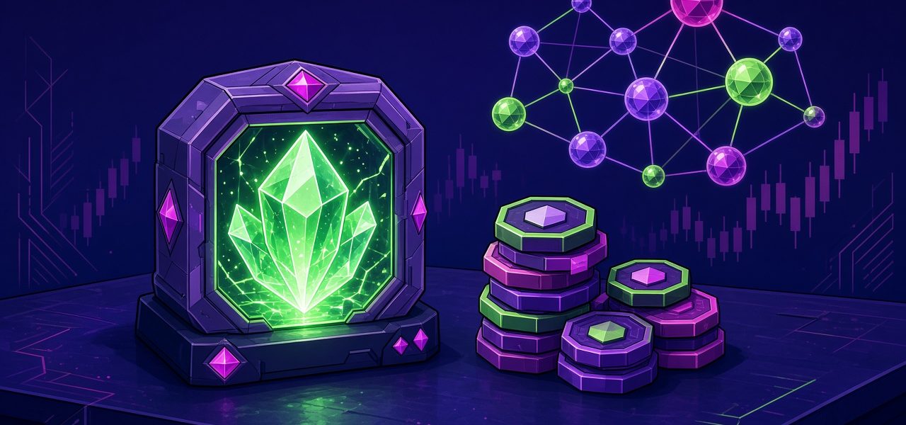 Comic still life of a glowing crystal vault, stacked coins, and a node network. No text.