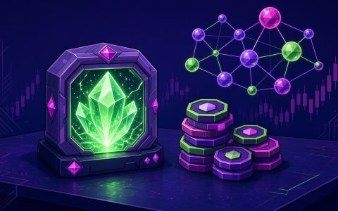 Comic still life of a glowing crystal vault, stacked coins, and a node network. No text.