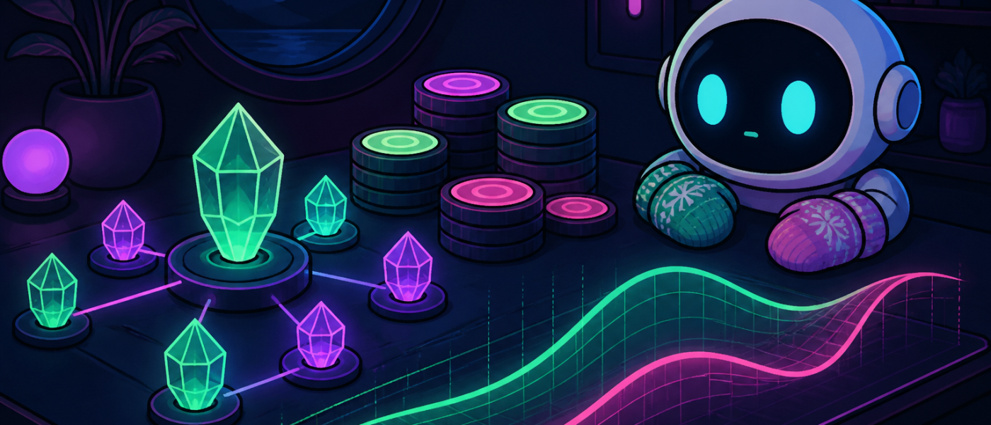 Comic illustration of a mittened robot beside glowing nodes and a neon rate curve, no text