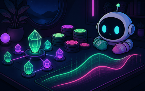 Comic illustration of a mittened robot beside glowing nodes and a neon rate curve, no text