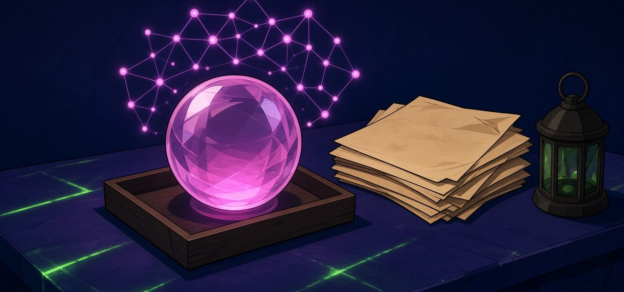 Comic still life of a glowing crystal sphere, papers, and a lantern on a dark desk. No text.