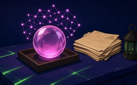 Comic still life of a glowing crystal sphere, papers, and a lantern on a dark desk. No text.