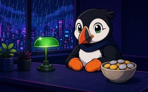 Comic puffin in orange mittens at a news desk with blank coins, no text