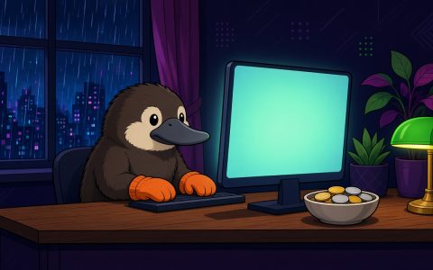 Comic platypus in orange mittens at a news desk with blank coins