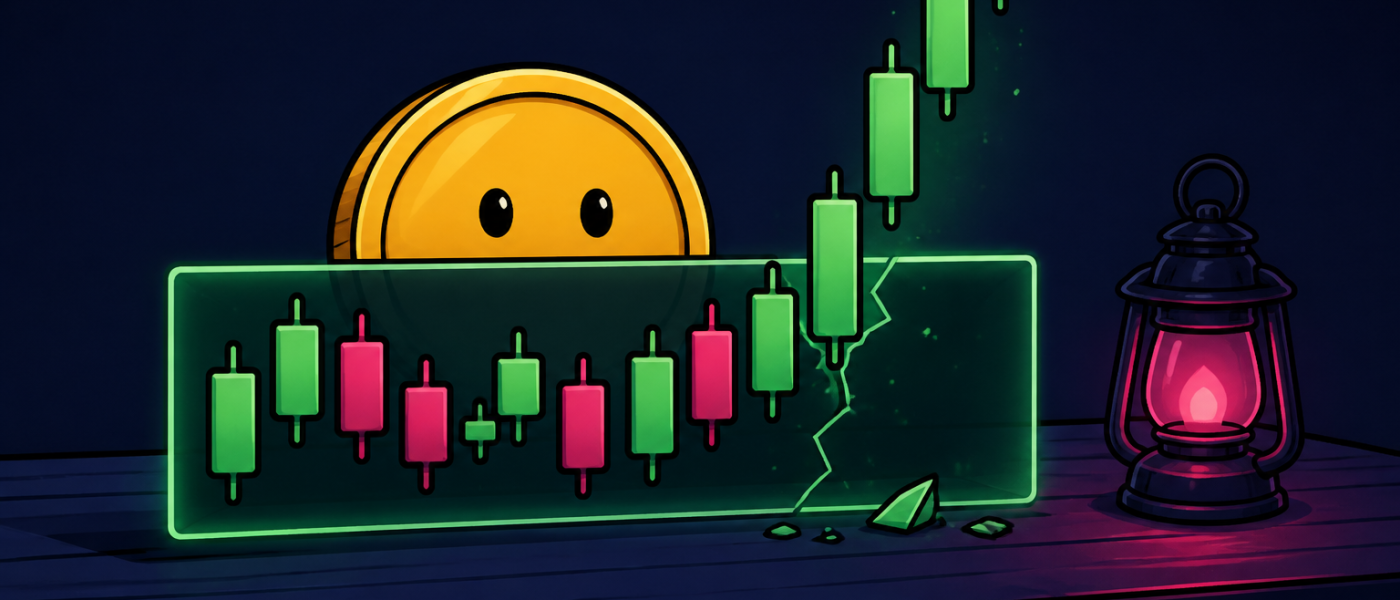 Comic still life of a coin character behind a cracked candlestick range box and a lantern. No text.