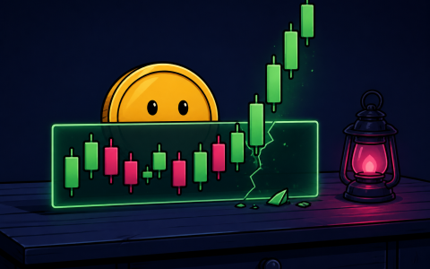 Comic still life of a coin character behind a cracked candlestick range box and a lantern. No text.