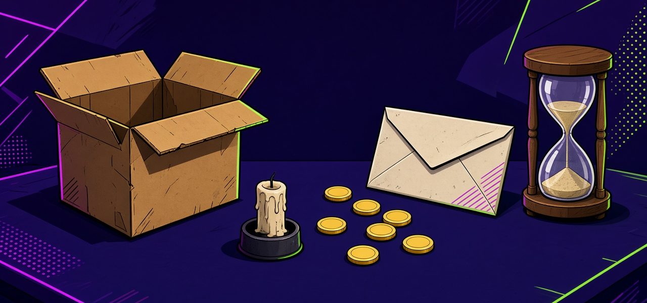 Empty product box, cash envelope, unmarked coins, candle and hourglass on a dark desk