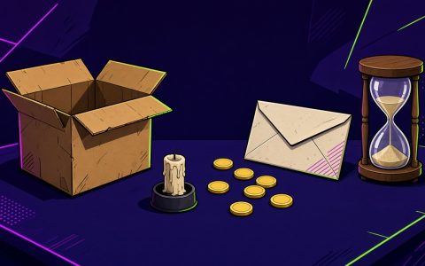 Empty product box, cash envelope, unmarked coins, candle and hourglass on a dark desk
