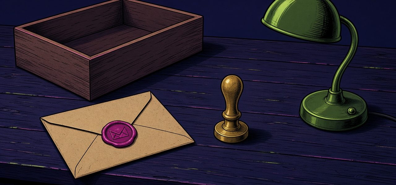 Sealed envelope, stamp, and empty inbox on a dark desk